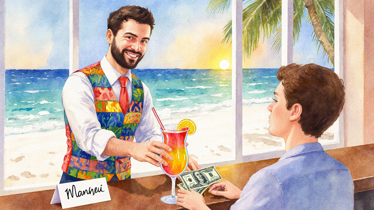 Bartender giving a cocktail to a guest who leaves a small cash tip.