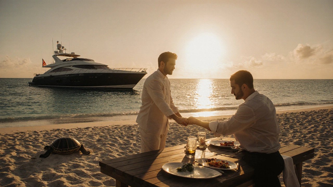 Butler arranging sunrise yoga and gourmet breakfast on a beach at The Brando.