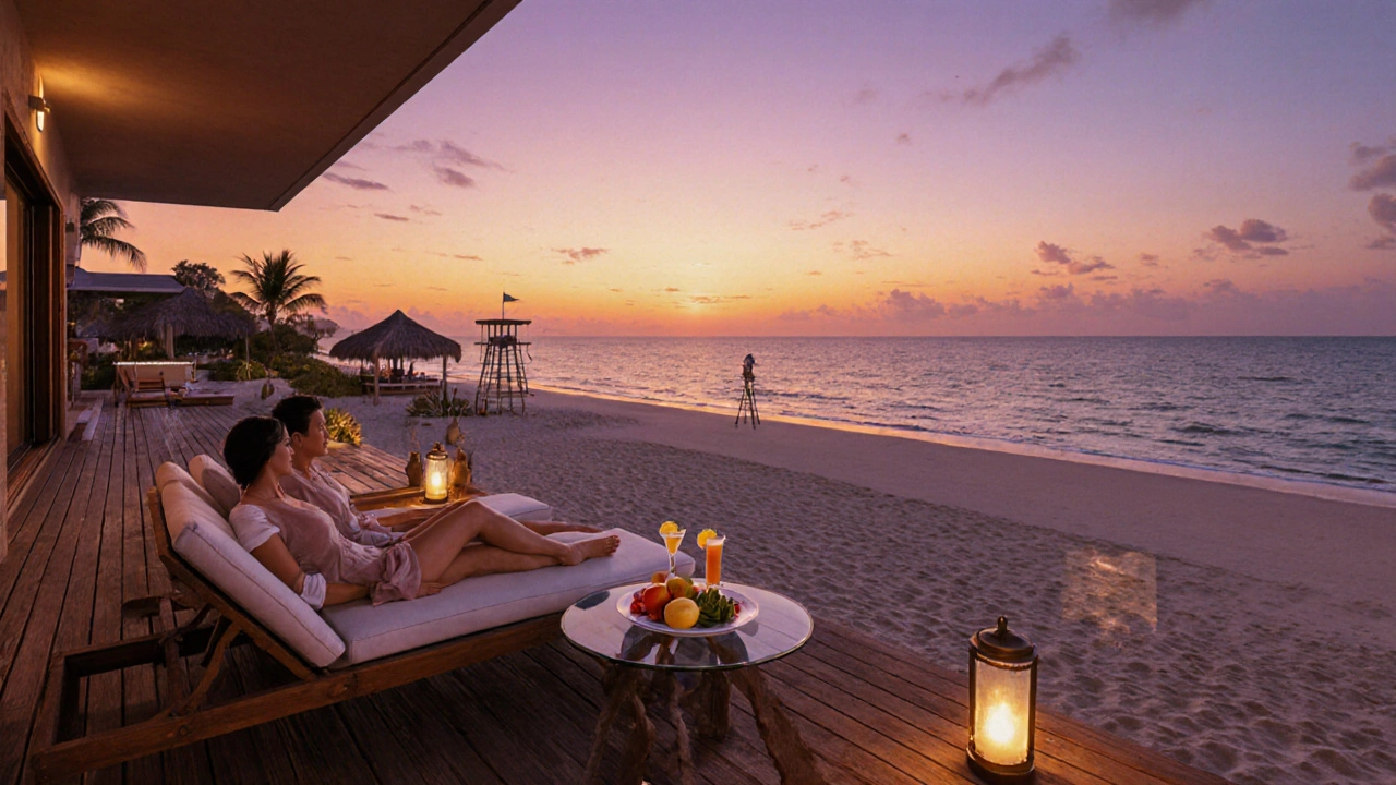 Cinematic illustration of a couple on a balcony at sunset, overlooking a private beach with cabanas and beach‑side service.
