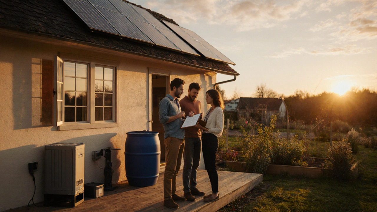 Couple on cottage porch reviewing a checklist, with rain barrels and a visible battery unit.