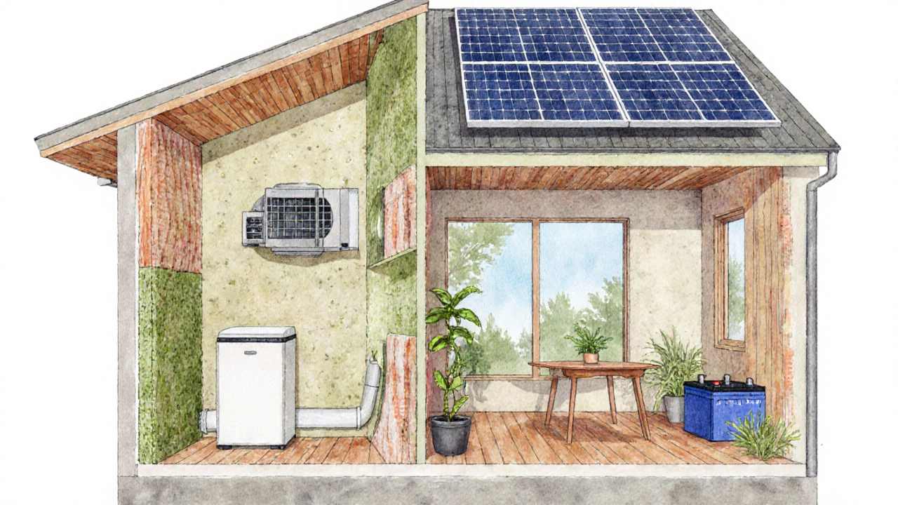 Cross‑section illustration of a passive‑house cottage showing solar roof, heat‑recovery system and timber interior.