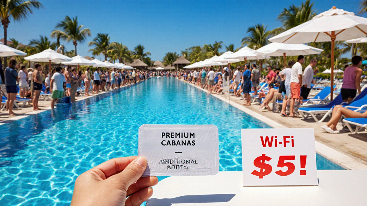 Crowded pool area with a line of guests and a sign for premium cabana fees.