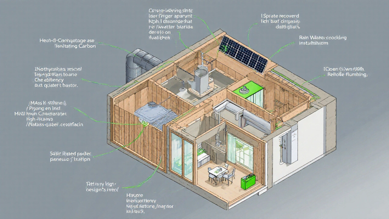 Cutaway view of a mass timber house showing timber panels, insulation, solar panels, and rainwater system.