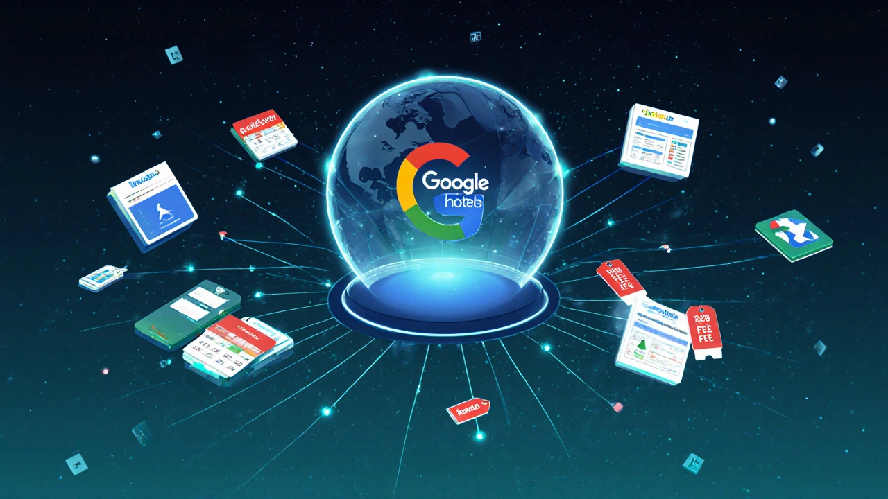 Digital marketplace with Google Hotels at the center showing transparent pricing versus other sites with hidden fees.