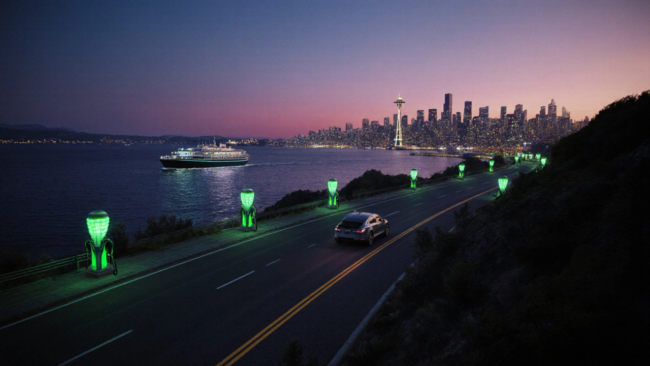 Digital painting of an EV on a Washington coastal road at twilight with glowing charging stations.