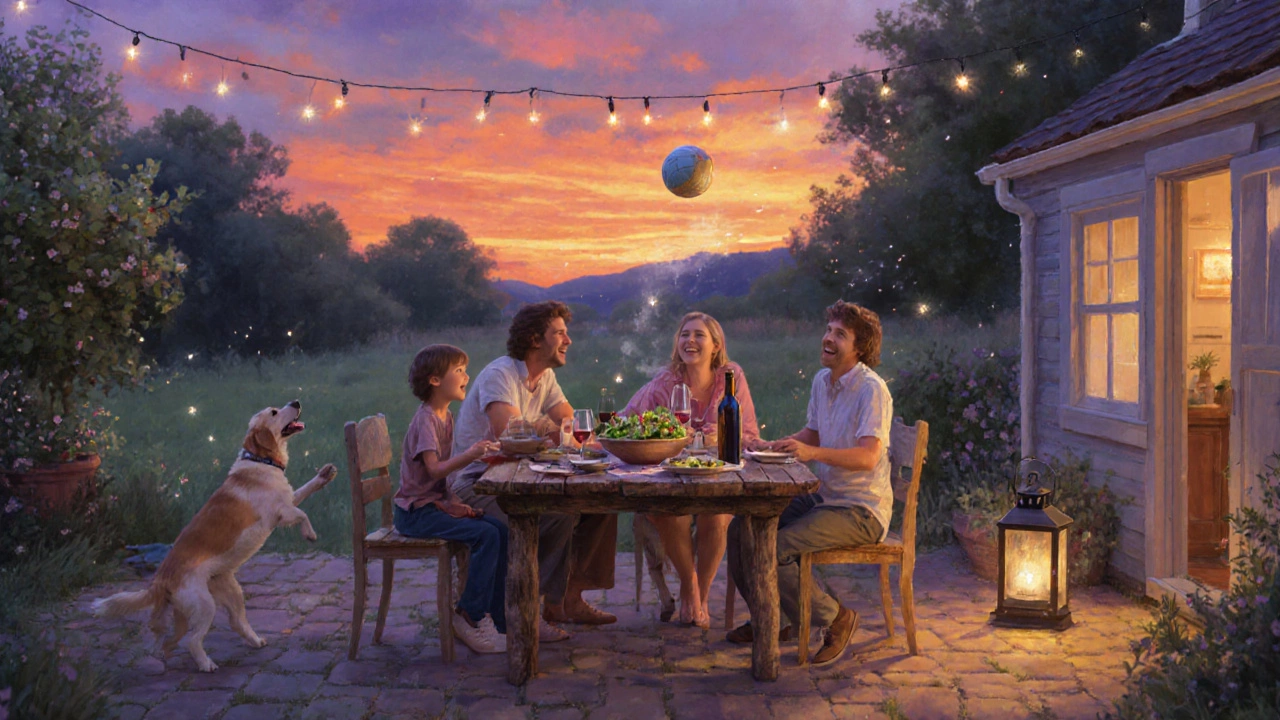 Family dining on a cottage patio at sunset with BBQ and garden lights.