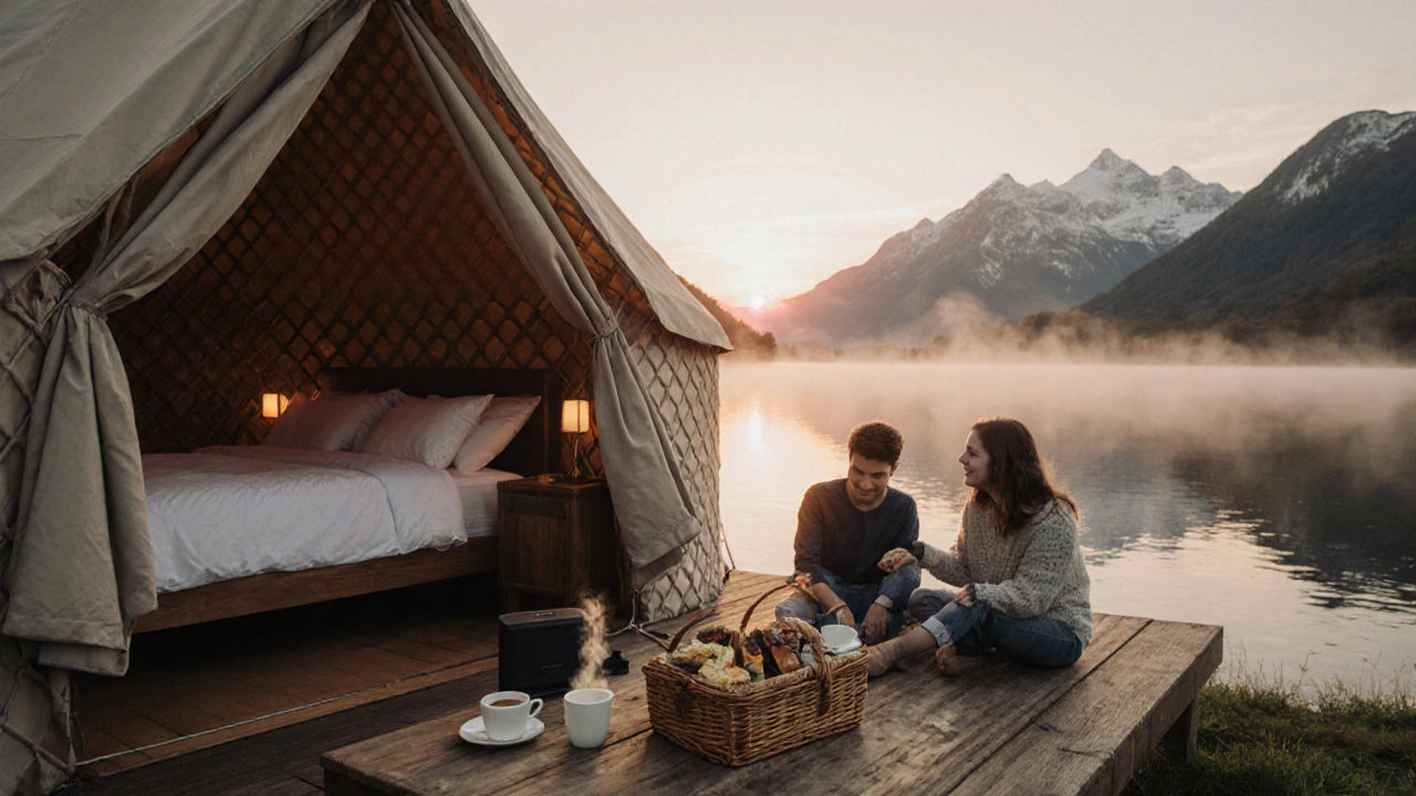 Family enjoying sunrise breakfast on a lakeside yurt deck with mountain backdrop.