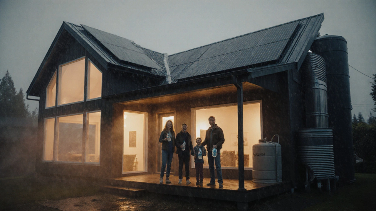 Family standing outside a Passive House with solar panels and rainwater tank, smiling under a clear sky.