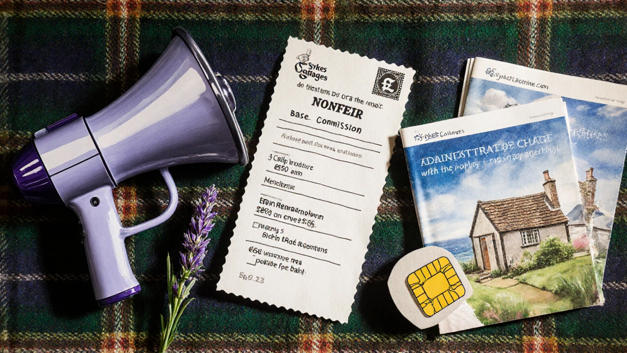 Flat‑lay showing icons for commission, admin charge, and card surcharge with travel brochures and lavender.