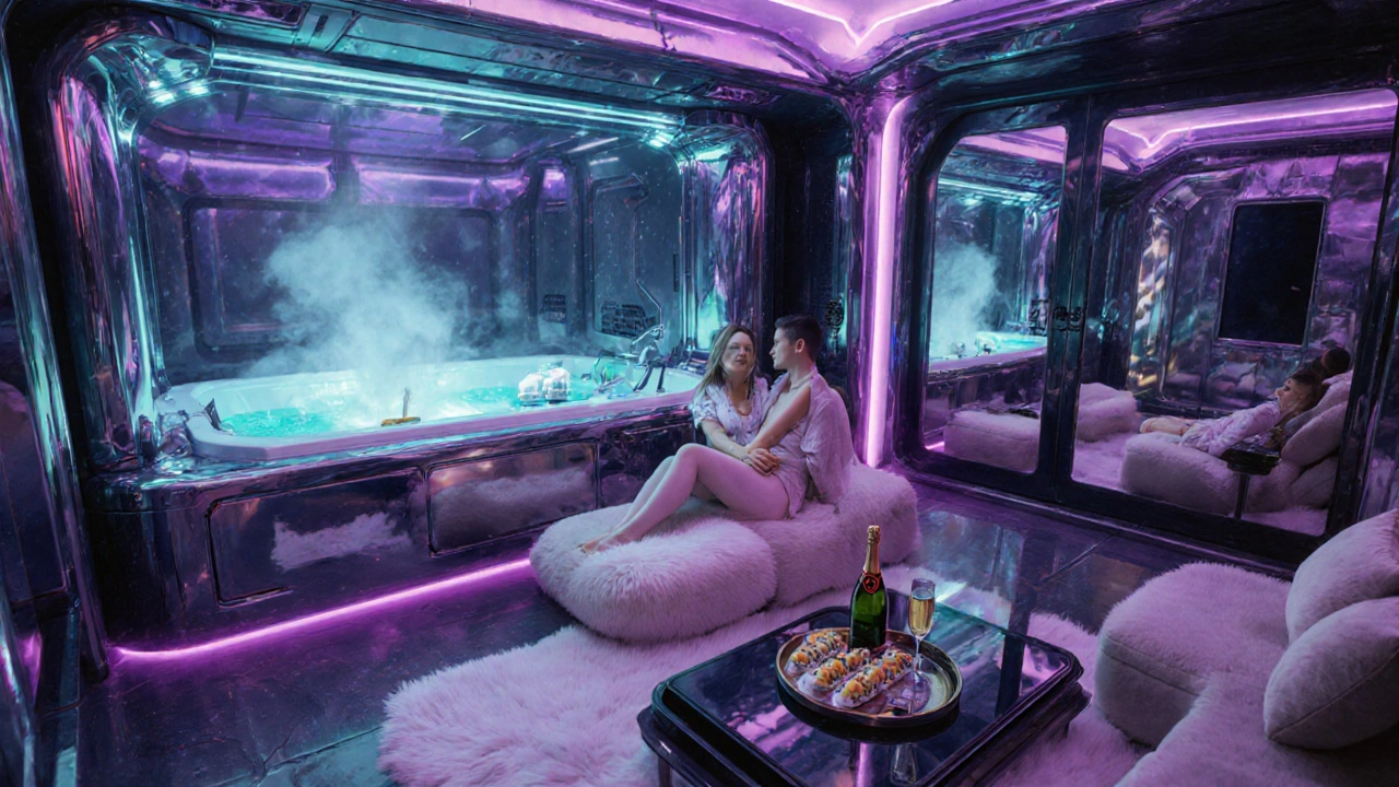 Futuristic spaceship‑style love hotel room with Jacuzzi and couple relaxing.