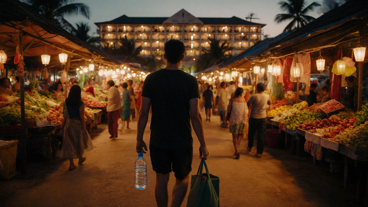 Guest leaving a resort to explore a lively local market at dusk.