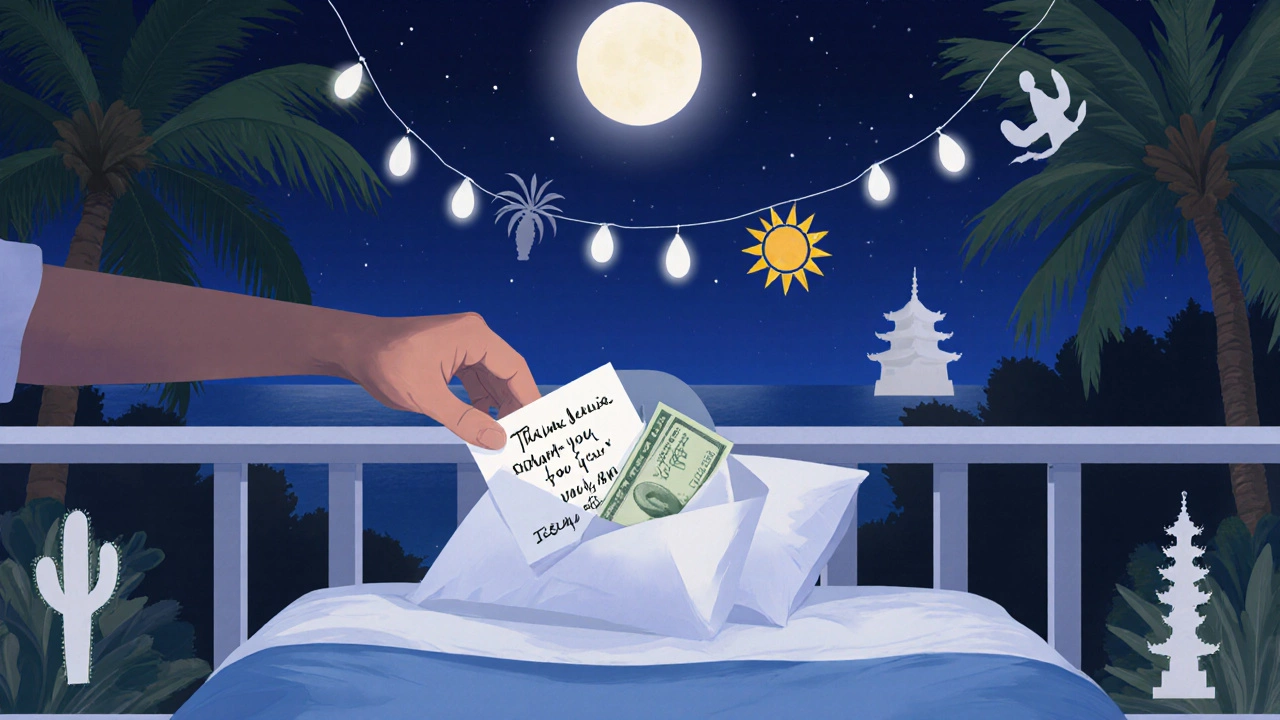 Guest places a tip envelope on a pillow with regional silhouettes in the background.