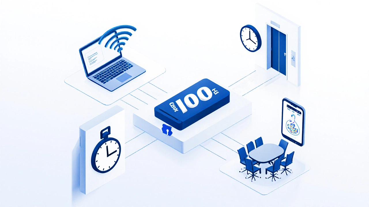 Icons representing business hotel features: Wi-Fi, early breakfast, smart check-in, quiet floor, meeting room.