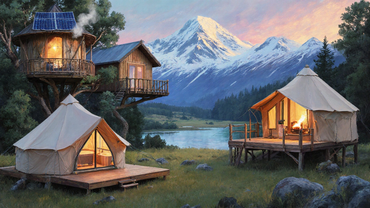 Illustration of safari tent, yurt, treehouse, eco lodge, and lake view glamping sites.