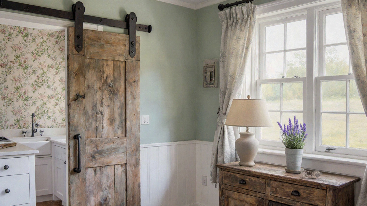 Kitchen area with sliding barn door, floral wallpaper accent, casement windows and lavender on the sill.