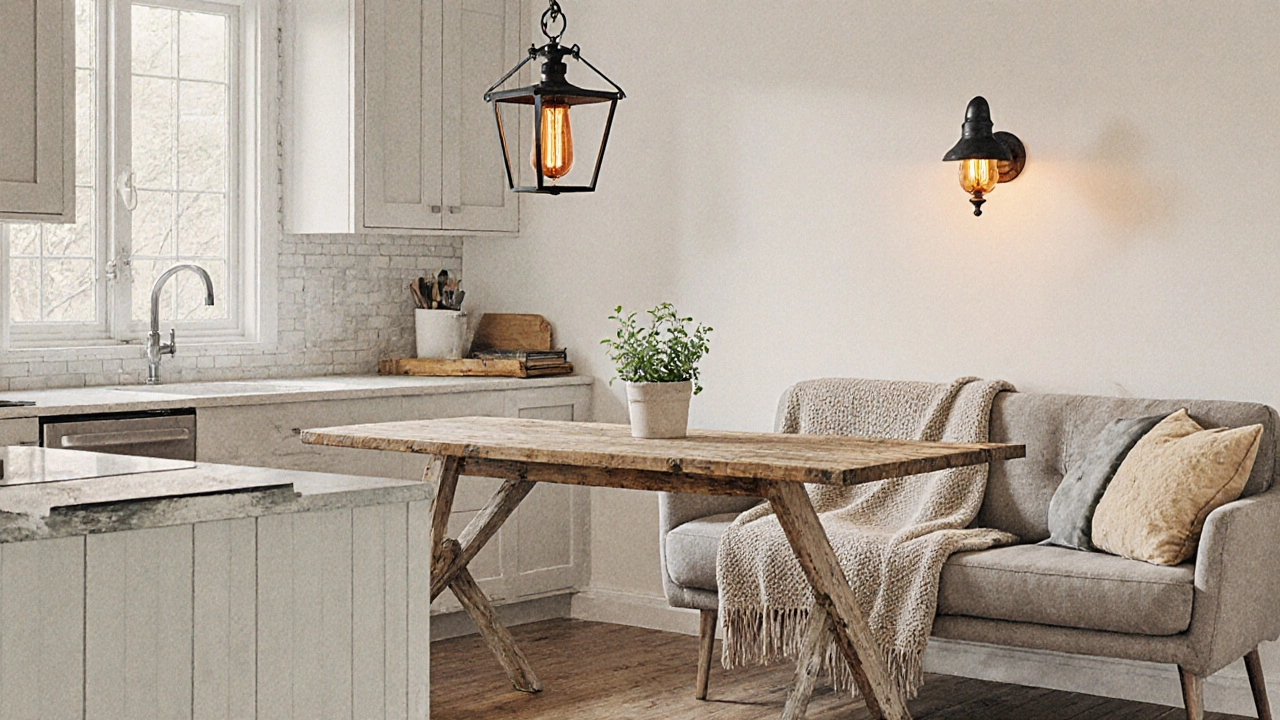 Kitchen makeover with chalk‑painted cabinets, reclaimed table, modern sofa, and warm iron lighting.