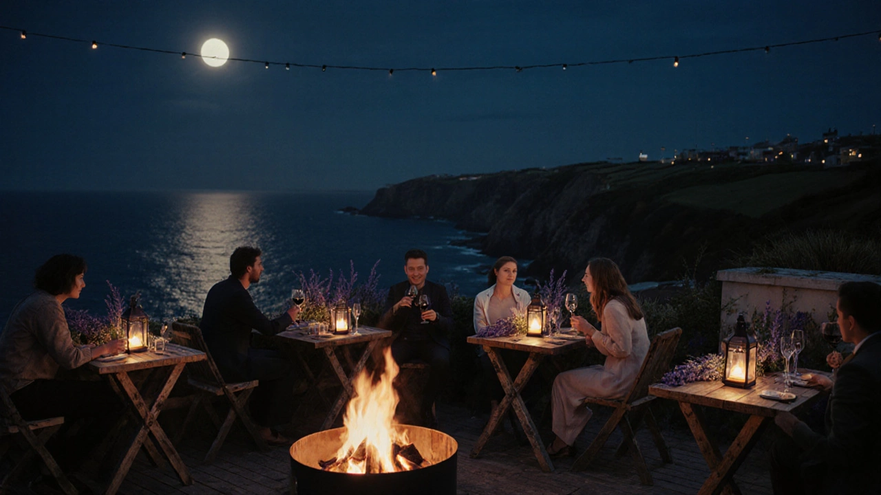 Night rooftop terrace in Cornwall with guests by a fire pit overlooking the sea.