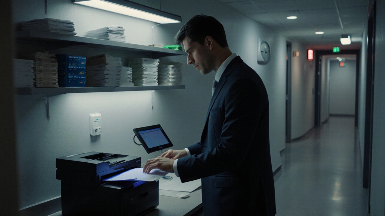 Professional using 24/7 business center to print documents at midnight, quiet and focused.