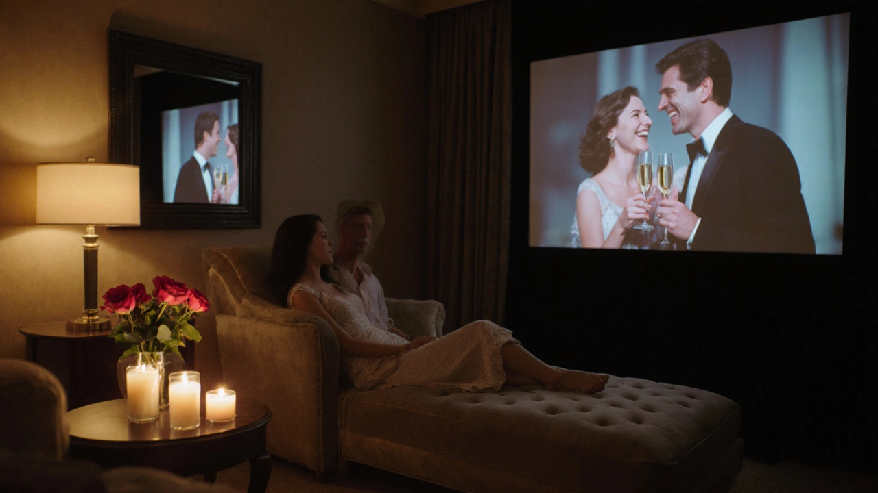 Romantic suite with candles, movie screen, and couple enjoying champagne.
