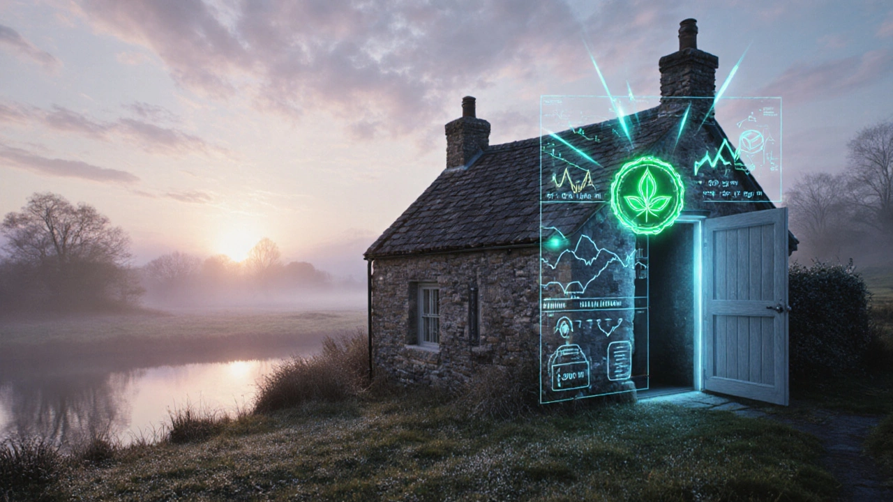 Scenic British cottage at sunrise with holographic AI pricing charts and a green sustainability badge.