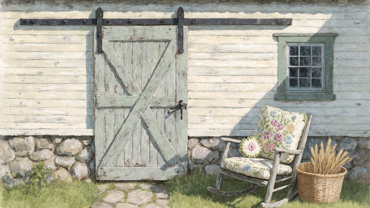 Shiplap wall, barn door, stone foundation, and vintage rocking chair showcasing rustic details.