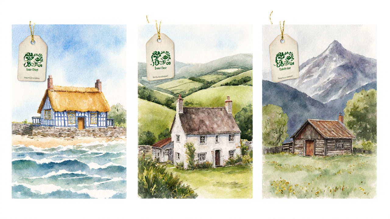 Three National Trust cottages—seaside, farmhouse, mountain—illustrated in watercolor.
