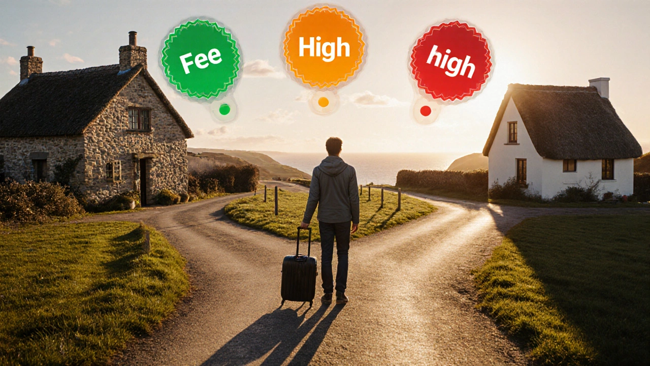 Traveler at a crossroads of three cottage paths, each marked with color‑coded fee indicators.