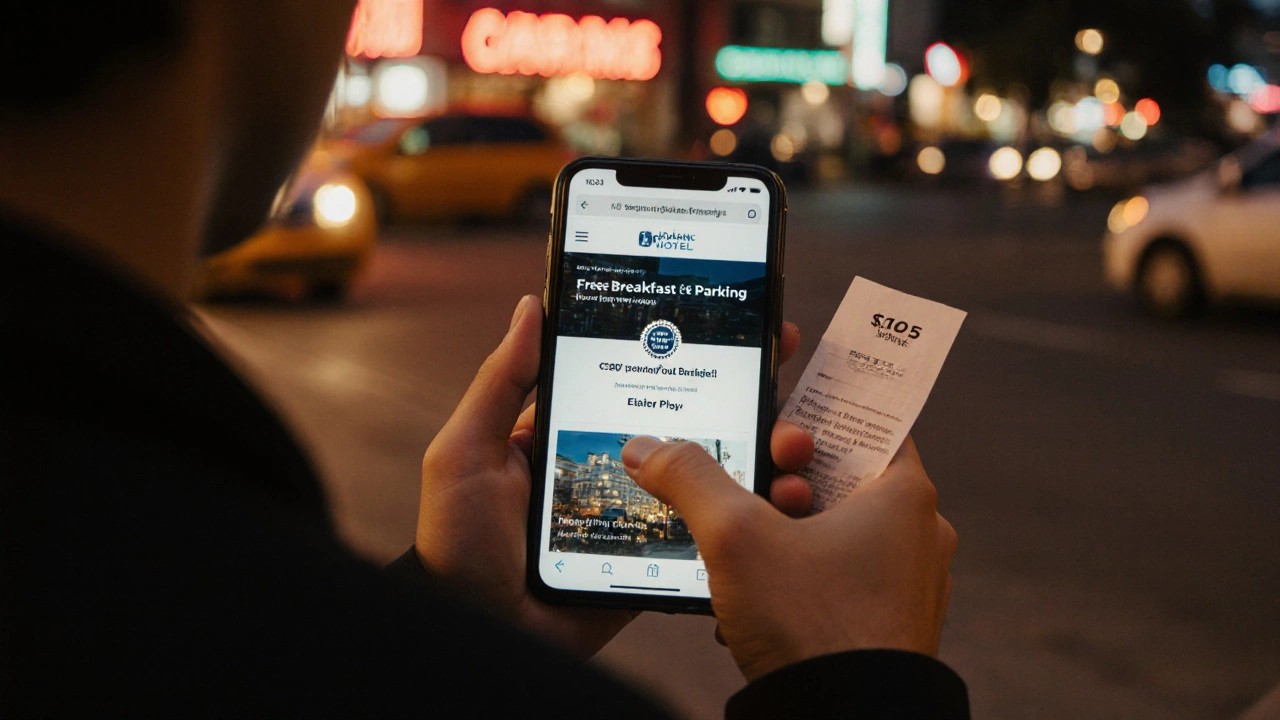 Traveler outside a hotel checking a booking on their phone with free breakfast and parking highlighted.