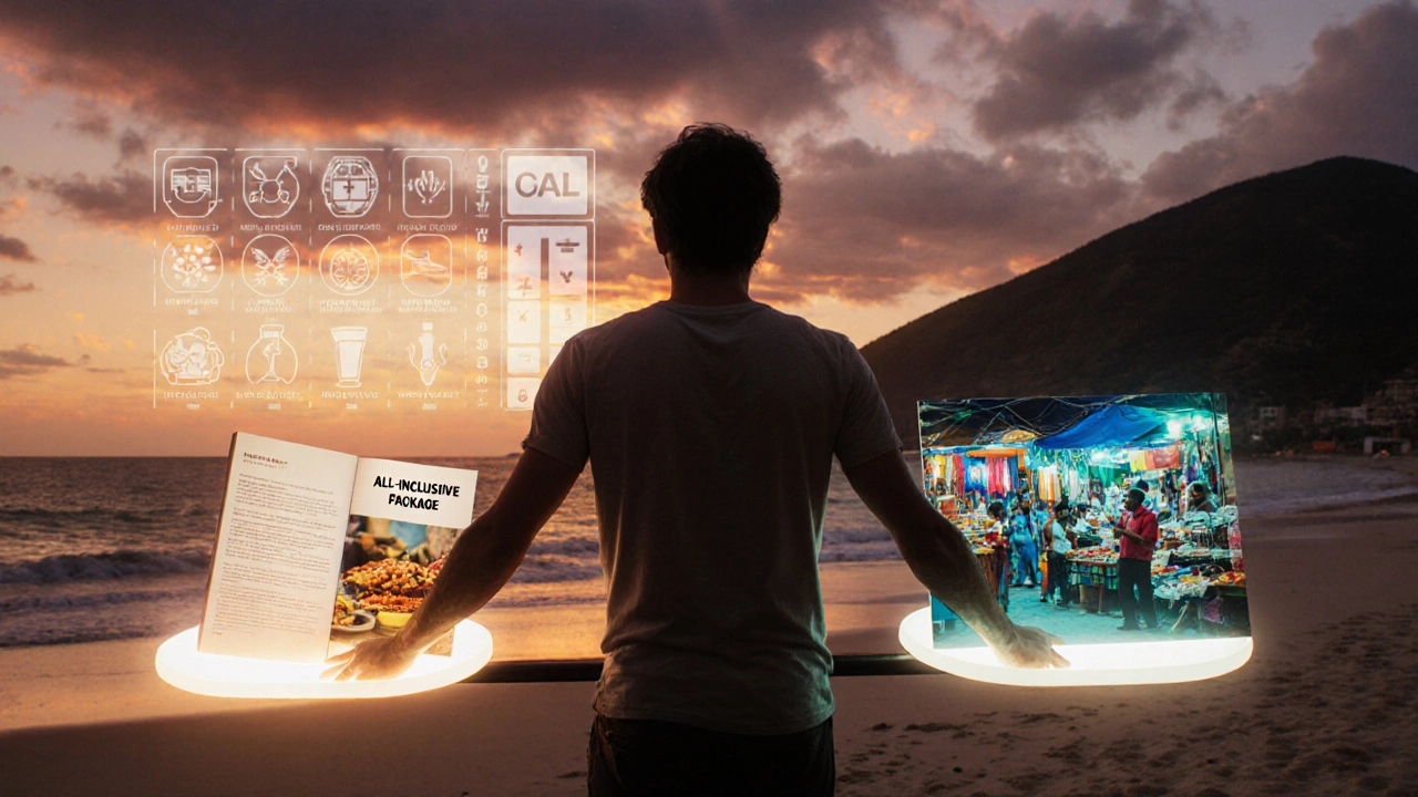 Traveler weighing an all‑inclusive package against local experiences on a scale.