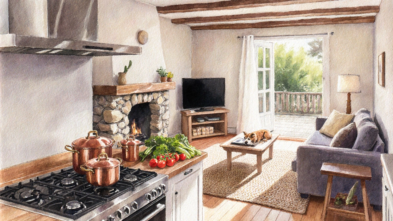 Warm cottage interior showing kitchen, fireplace, sofa, and a dog on a rug.