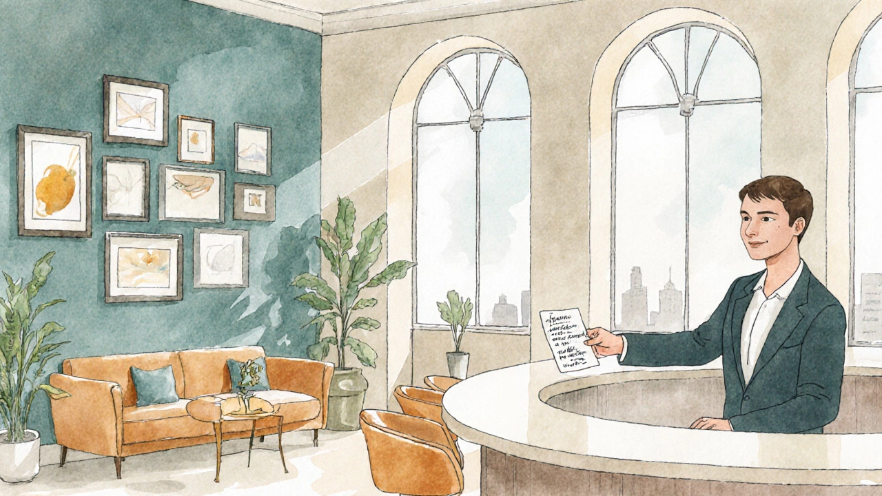 Watercolor lobby showing custom furniture, local art, and a concierge giving a welcome note.
