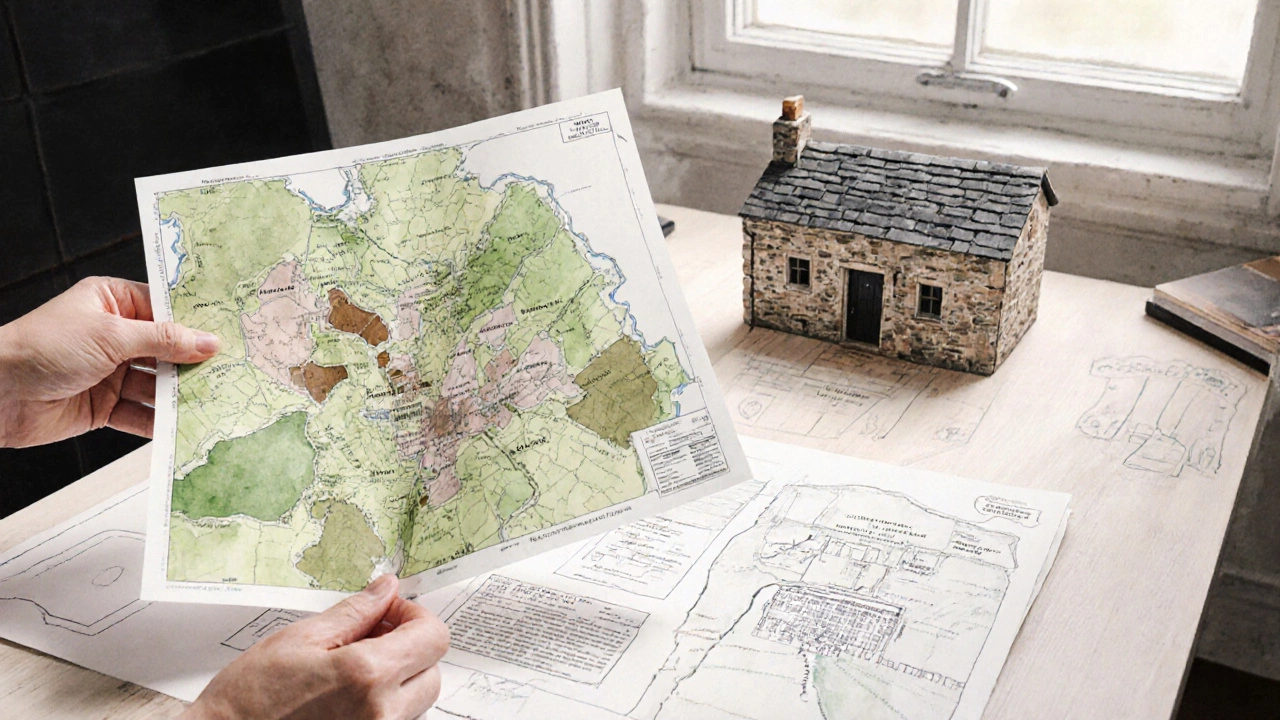 Watercolor of a planning desk with a zoning map and cottage sketch.