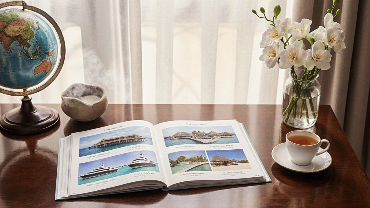 Watercolor of a travel advisor’s desk with portfolio showing luxury resort silhouettes.
