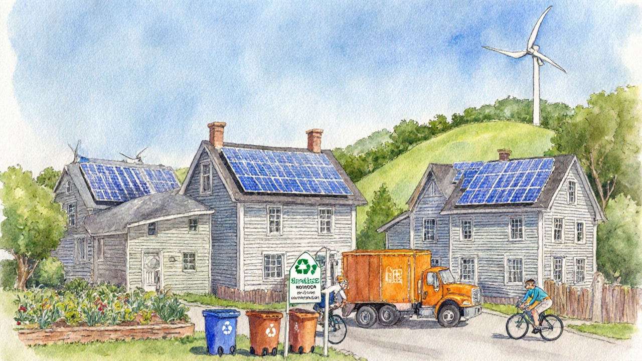 Watercolor of a Vermont village with solar panels, wind turbine, recycling truck, and cyclists.