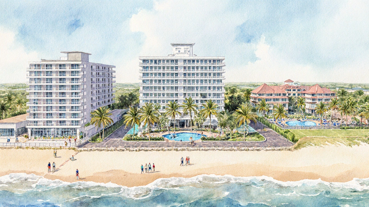 Watercolor scene showing three coastal hotels: a beachfront hotel on the shore, an oceanfront hotel behind a promenade, and a seaside resort set back.