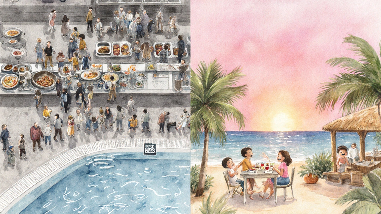 Watercolor split scene contrasting all‑inclusive benefits and drawbacks.