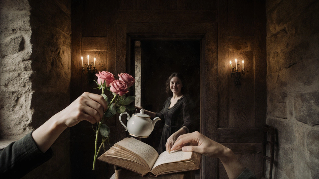 A blended image of a historic lodge interior with hands tending to roses, pouring tea, and reading — symbolizing care and memory.