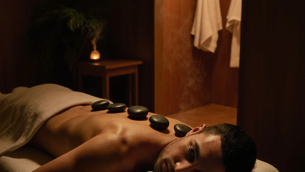 A traveler receiving a hot stone massage in a peaceful treatment room.