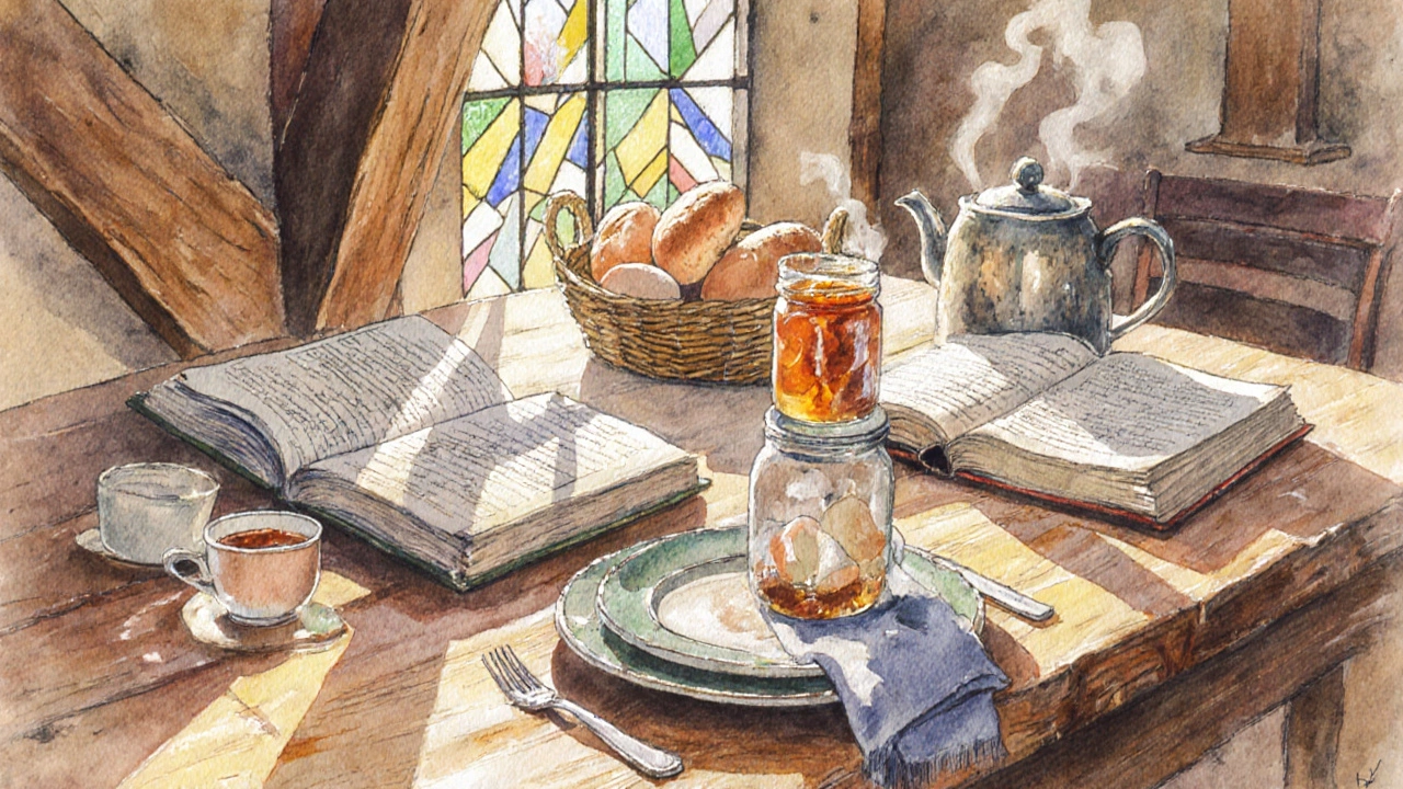 A warm breakfast table in a historic room with ceramic dishes, fresh bread, jam, and tea beside an open guestbook.