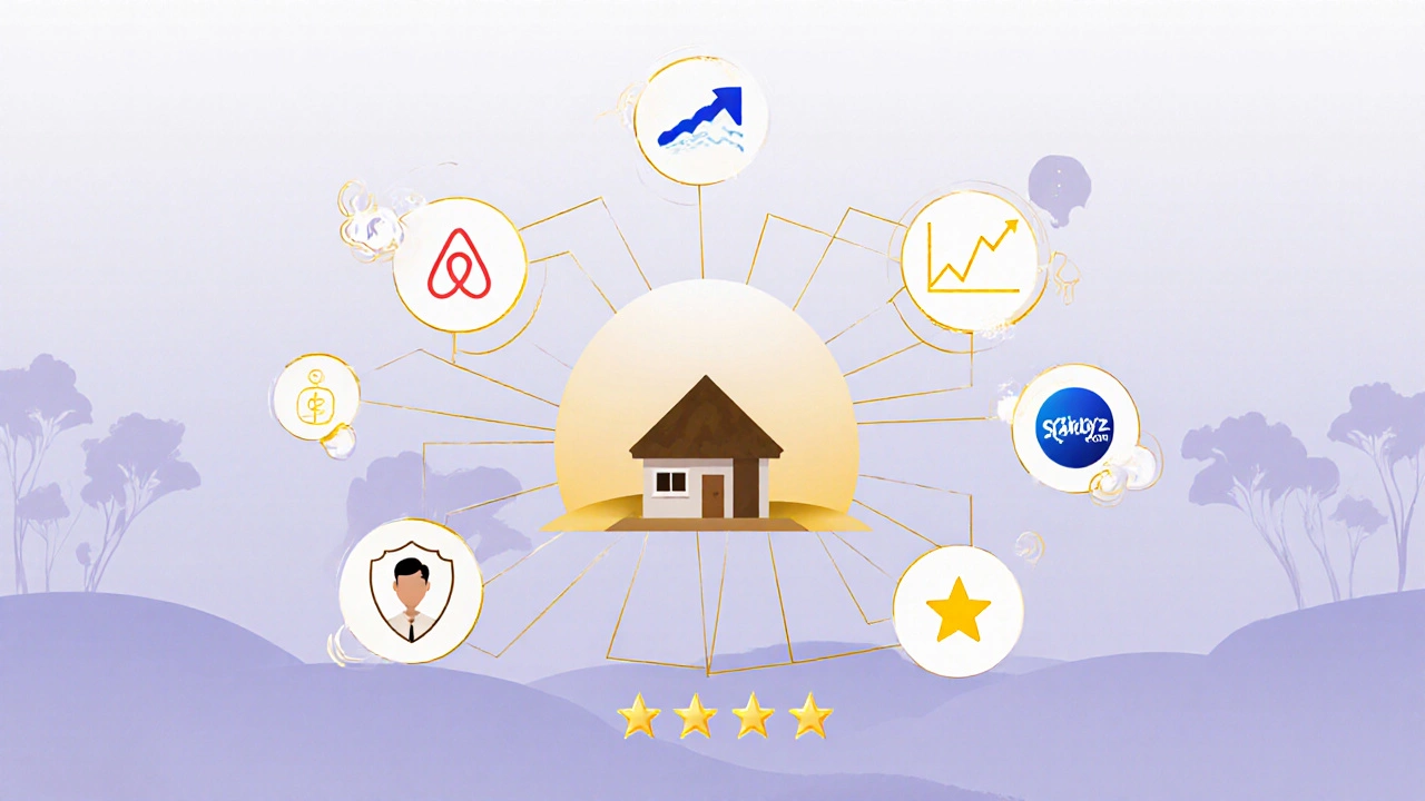 Cottage at center with icons of rental platforms, pricing graph, cleaning crew, and five-star review floating around.