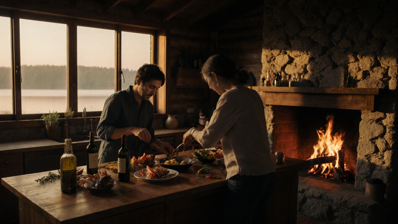 Couple cooking together in a rustic cabin kitchen with fresh seafood and fireplace glow.