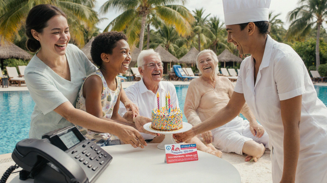 Family celebrates a child&#039;s birthday at a resort with a peanut-free cake, agent&#039;s card visible.