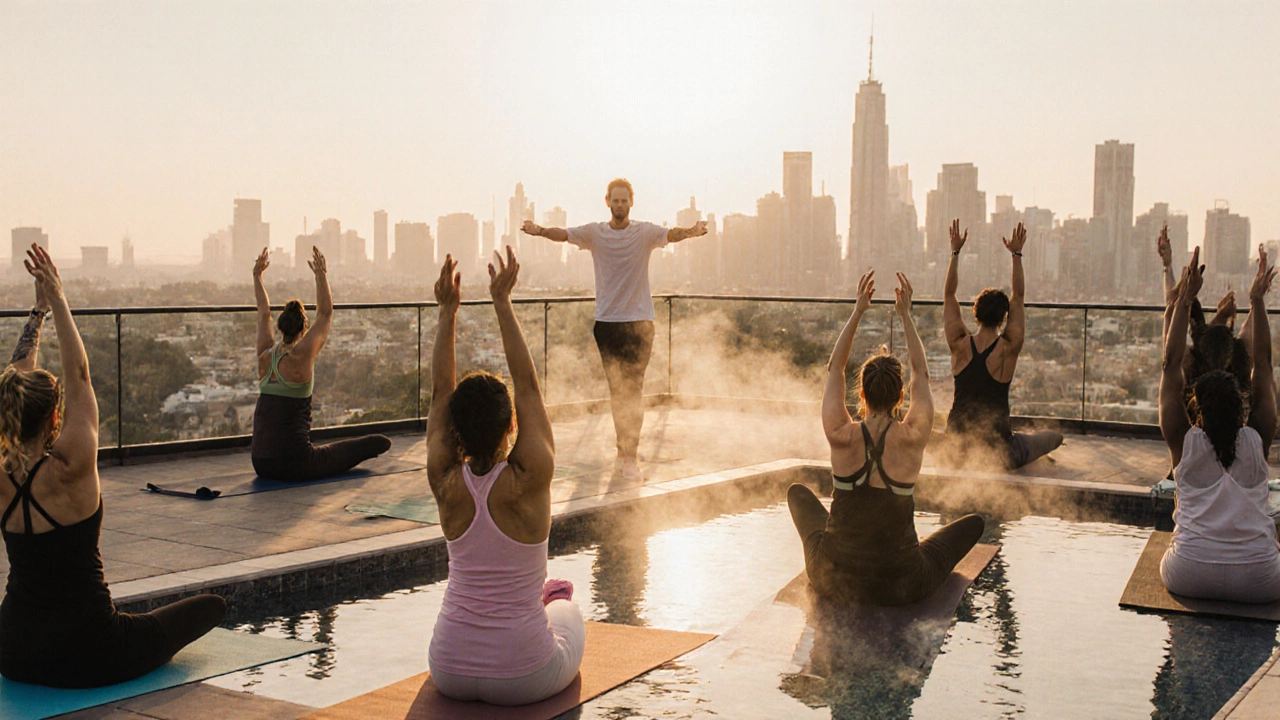 Guests practicing yoga on a hotel rooftop at sunrise with a city view.