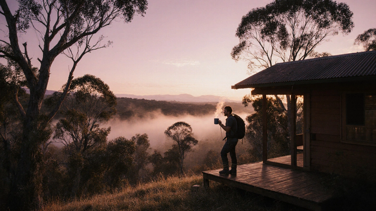 Lone hiker on a cabin deck at sunrise, misty bushland stretching into the distance.