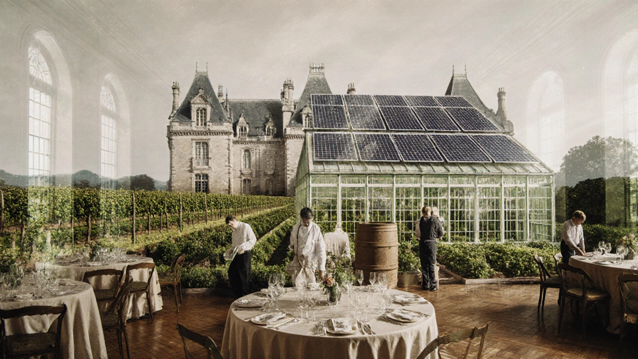 Overlapped image of historic Biltmore ballroom and contemporary solar panels with gardens.