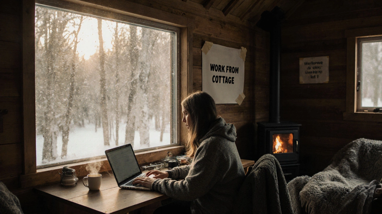 Remote worker at wooden desk in rustic cottage, snow outside, coffee steaming, &#039;Work From Cottage&#039; sign visible.