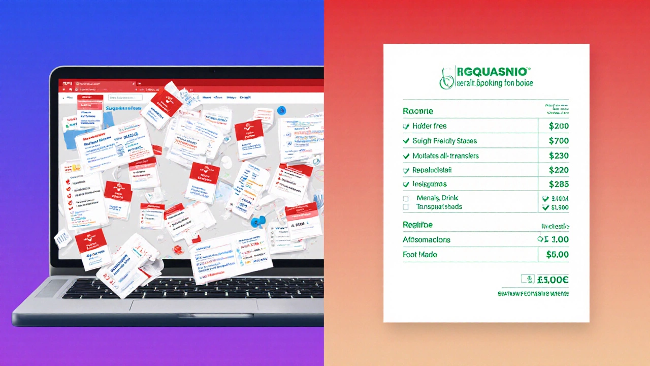 Split-screen: online booking with hidden fees vs. clean all-inclusive invoice from an agent.