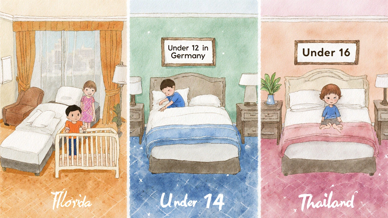 Three hotel rooms side by side with children of different ages and bedding setups.