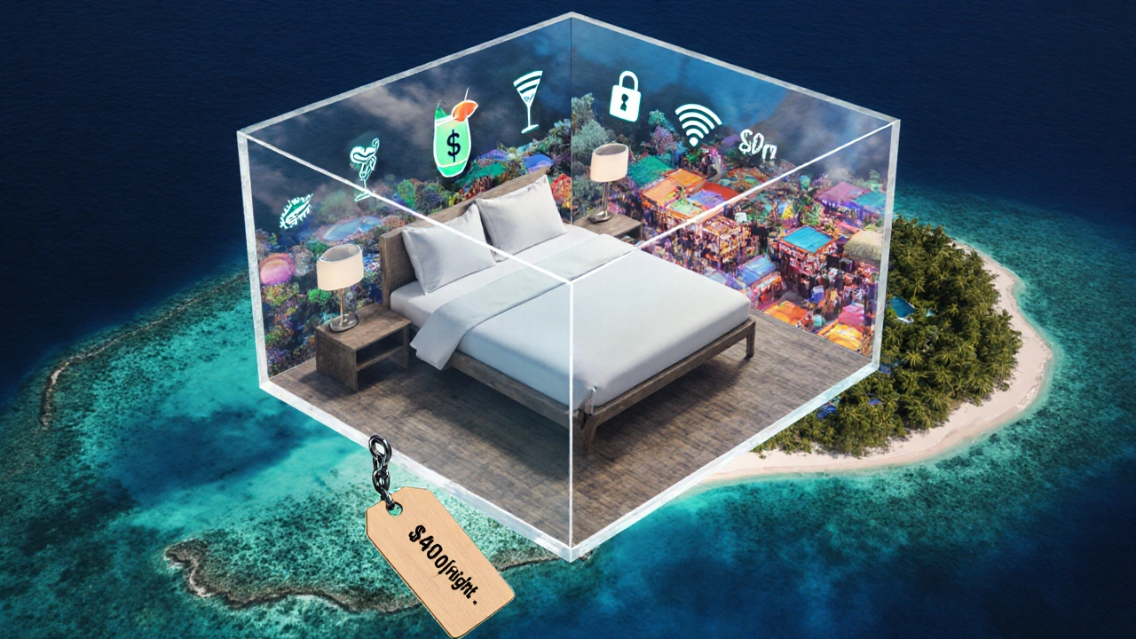 Transparent hotel room floating above a tropical map, filled with cost icons, while vibrant local culture glows outside.