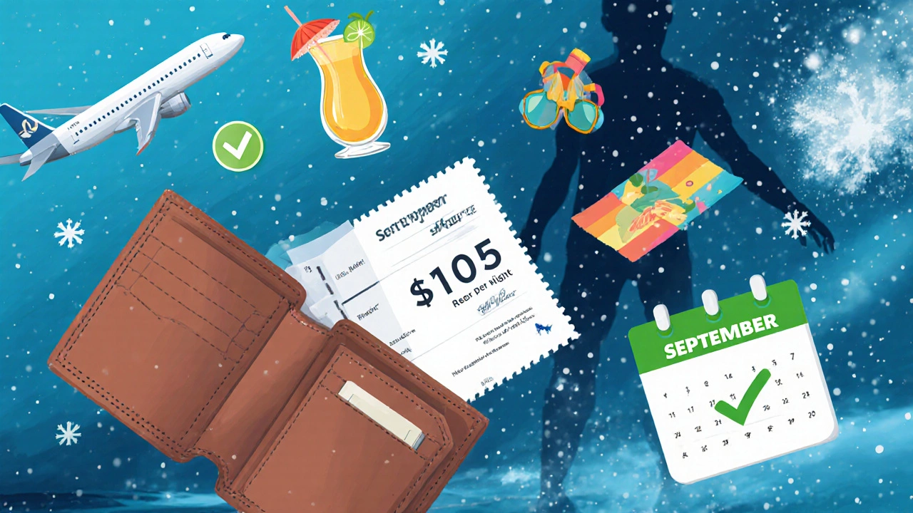 Traveler&#039;s wallet with cheap resort confirmation and tropical icons, beside a shadow of a snowstorm.